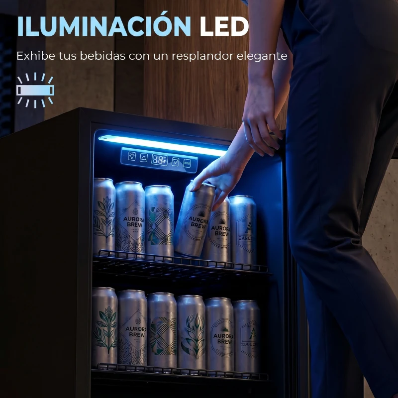 HOMCOM Frigorífico de Bebidas 70 L con Puerta de Vidrio Doble Iluminación LED 2 Estantes Ajustables para 70 Latas