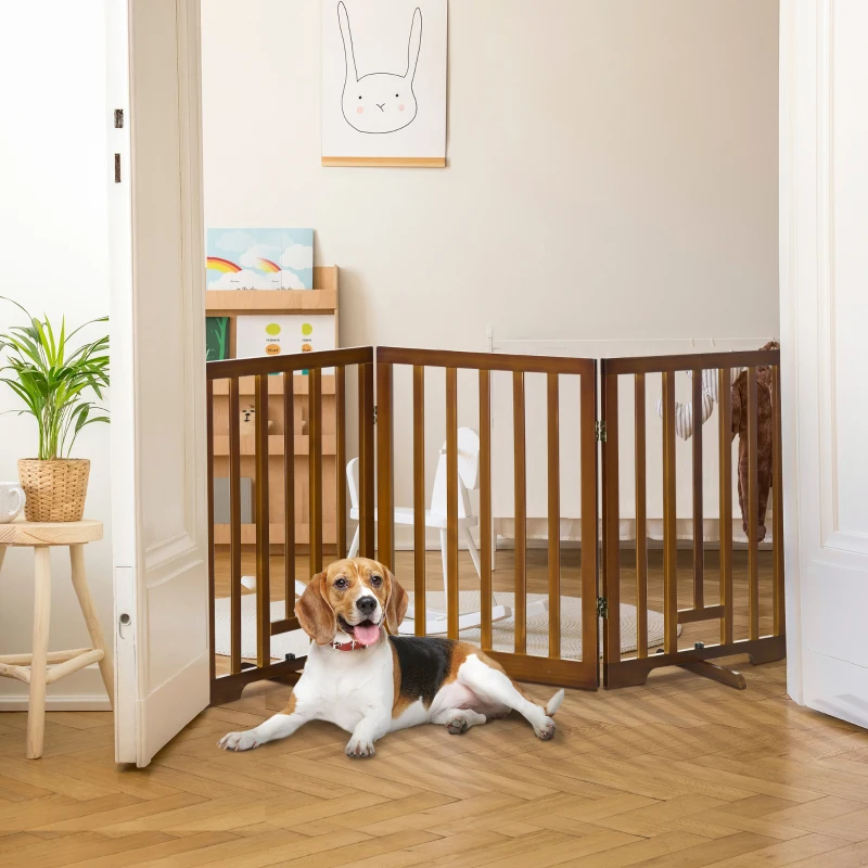 PawHut Cancellino per Cani Pieghevole a 3 Pannelli con Piedini Antiscivolo per Corridoi, Scale e Stanze, in Legno di Pino, 181x35x76 cm, Marrone Scuro