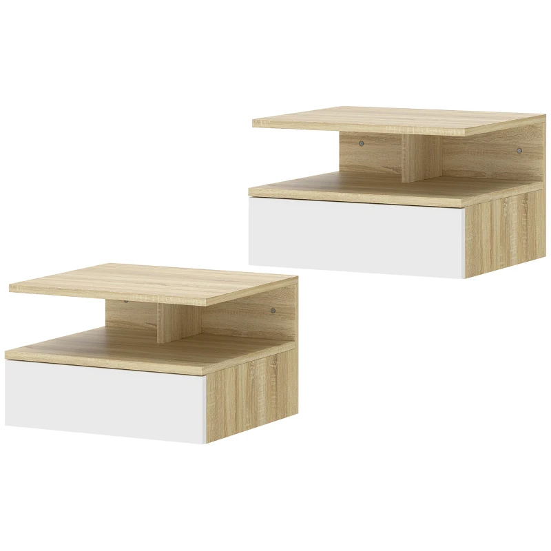 HOMCOM Set de 2 Mesitas de Noche Flotantes con 1 Cajón y Estante Abierto Diseño Moderno Montado en la Pared 35x32x22,5 cm Roble