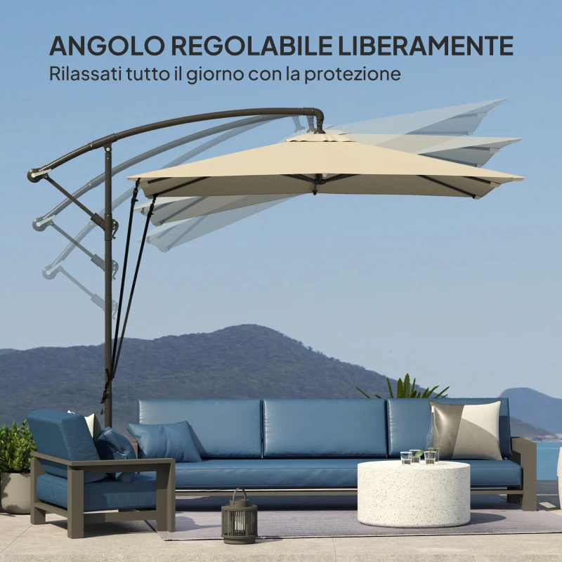 Outsunny Ombrellone a Sbalzo 247x247 cm con Base a Croce e Manovella, in Metallo e Poliestere, color Cachi