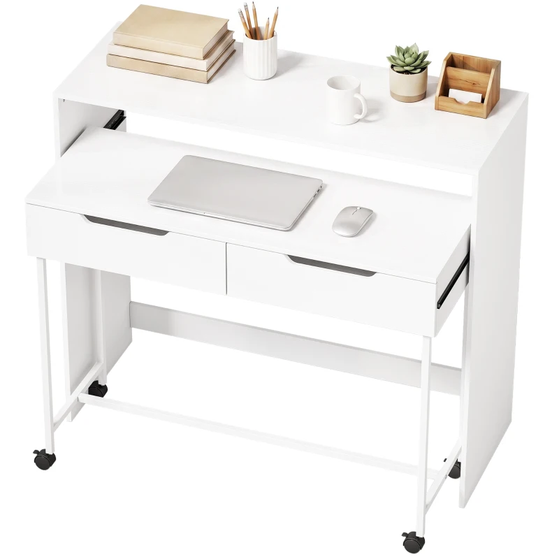 HOMCOM Secretária de Computador Extensível 100 cm com 2 Gavetas Secretária com Arrumação Estilo Moderno Branco