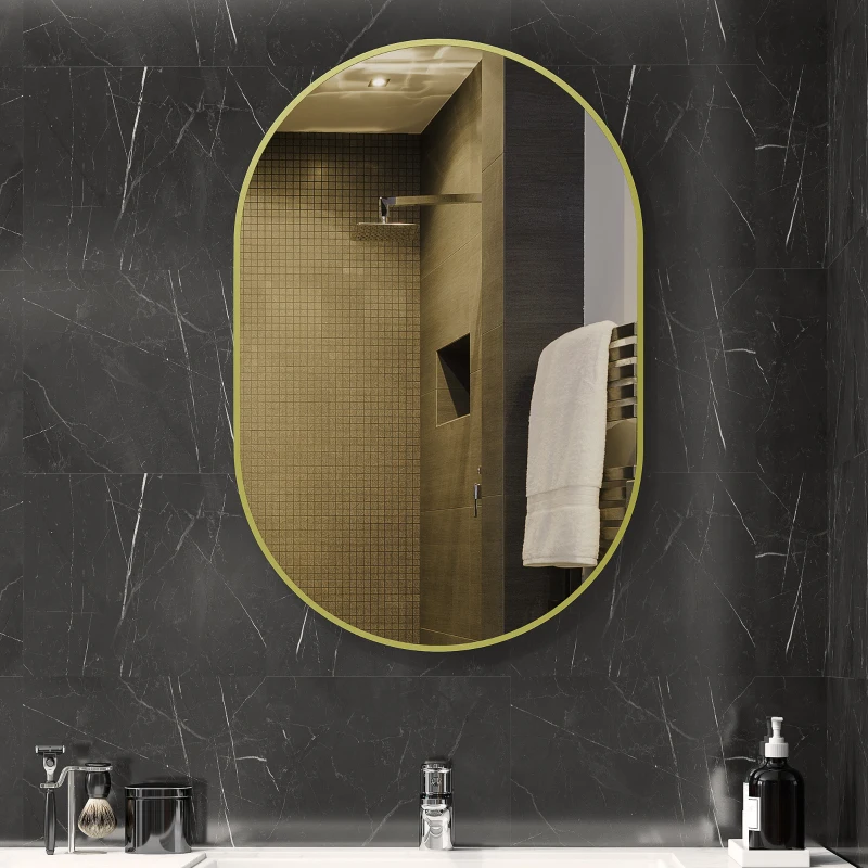 HOMCOM Espejo de Baño Ovalado 60x90 cm Espejo Decorativo de Pared con Marco de Aluminio para Salón Horizontal o Vertical Dorado