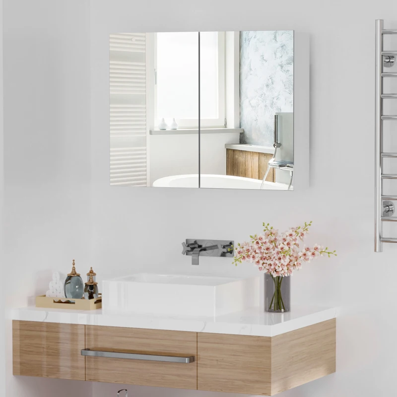 HOMCOM Spiegelschrank Badschrank mit zwei Türen Hängeschrank Badezimmerspiegel Badmöbel Mehrzweckschrank für Badezimmer Soft-Close-Funktion MDF Weiß 80 x 15 x 60 cm