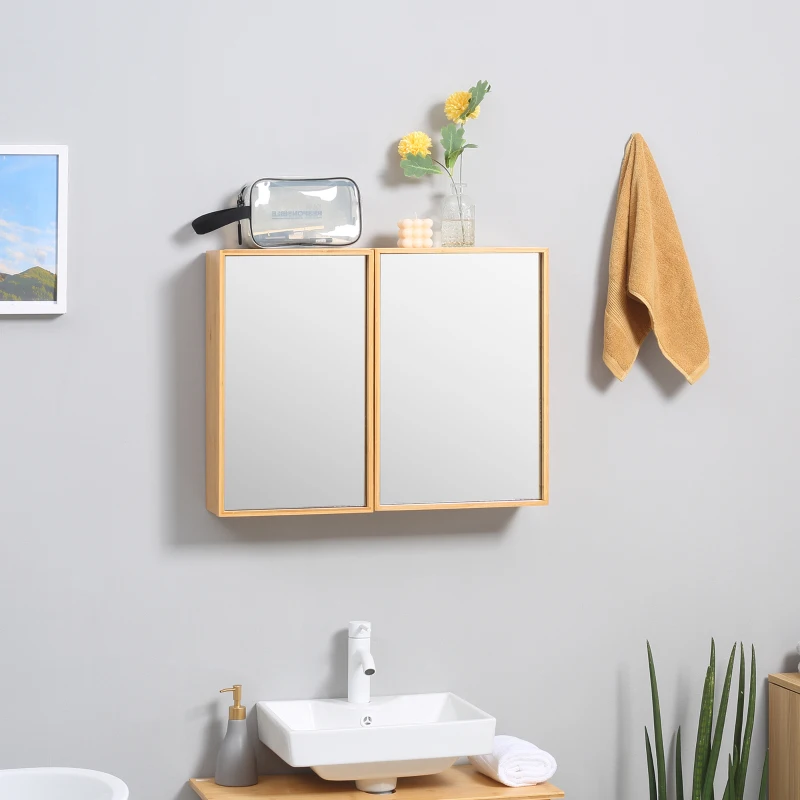 kleankin Armoire murale de salle de bain avec miroirs et 2 portes en bambou 65,2 x 14 x 50 cm
