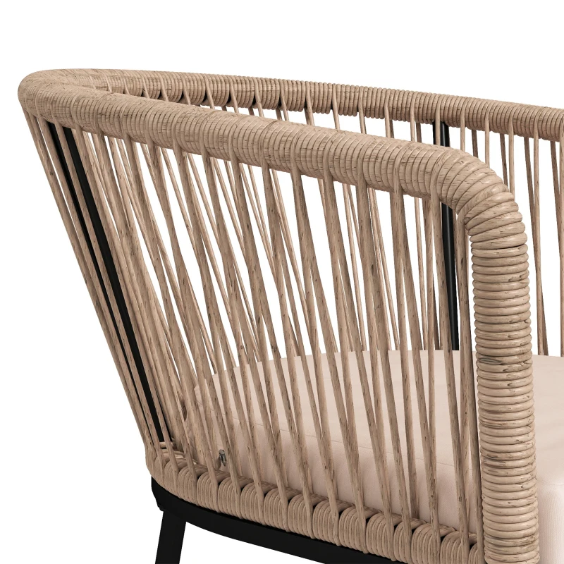 Outsunny Garden Chairs Set of 2, Rattan Garden Dining Chairs with String Back Armrests, Cushions, Natural Wood Finish