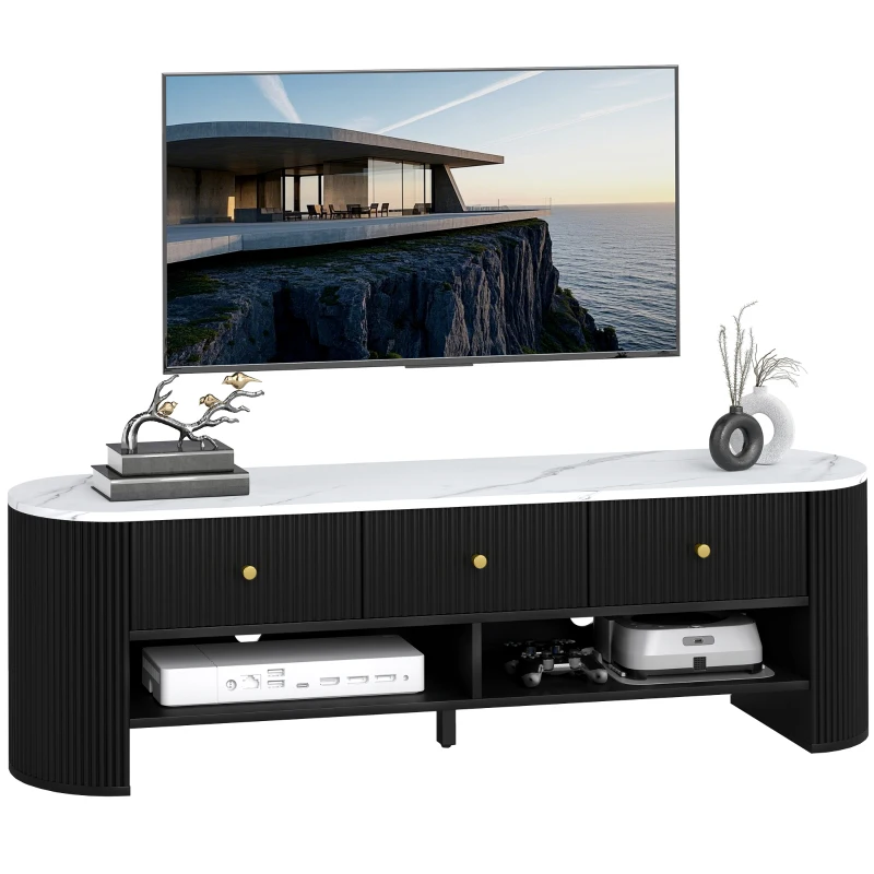 HOMCOM Meuble TV 140 cm, meuble télé pour téléviseur 65 pouces effet marbre avec 3 tiroirs façades à cannelures 2 étagères noir