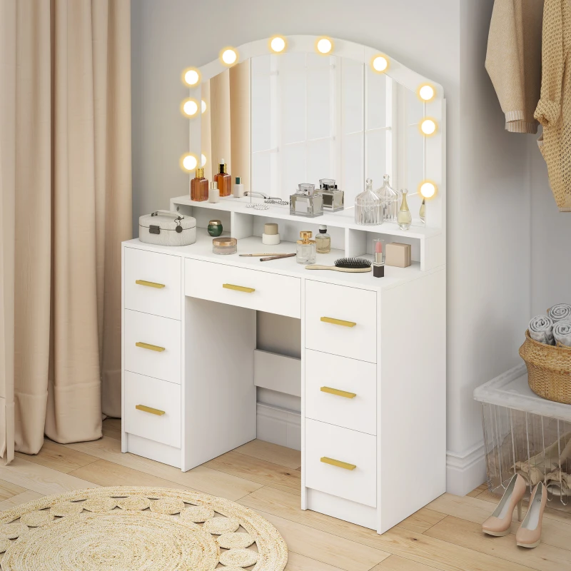 HOMCOM Tocador de Maquillaje con Luces LED de 3 Colores Tocador con Espejo 7 Cajones y 3 Compartimentos Blanco