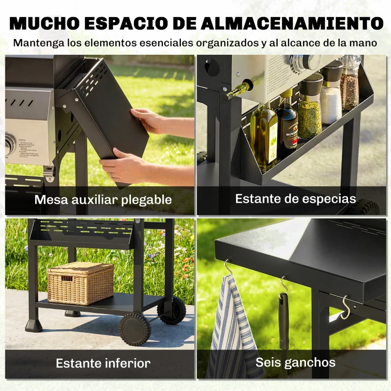 Outsunny Barbacoa de Gas con 3 Quemadores Termómetro Parrilla Mesas Laterales Plegables Estante y Ruedas 123x57x102 cm Negro