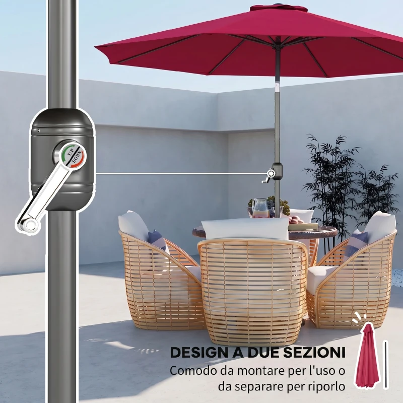 Outsunny Ombrellone da Giardino 3x2.5 m Inclinabile con Palo Smontabile, in Metallo e Poliestere Rosso Scuro