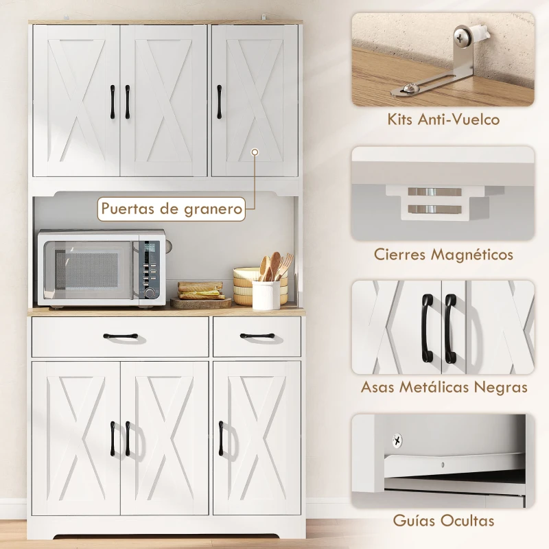 HOMCOM Alacena de Cocina con 6 Puertas Encimera para Microondas 2 Cajones Estantes Ajustables Orificio para Cable Blanco