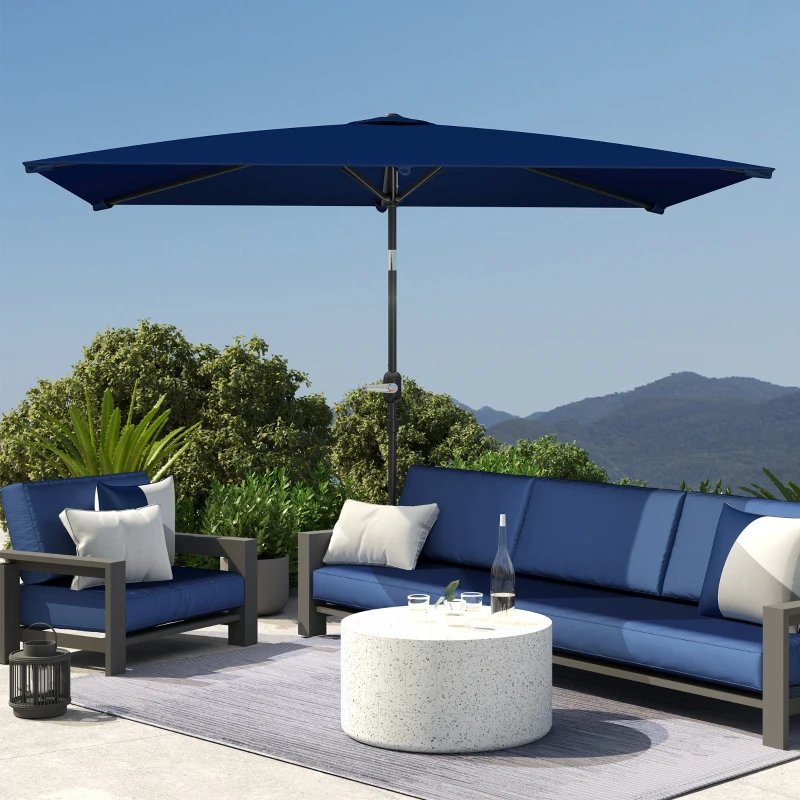 Outsunny Sombrilla de Aluminio 198x294x255 Parasol Rectangular de Jardín Inclinable con Manivela y Poste Desmontable Azul Marino