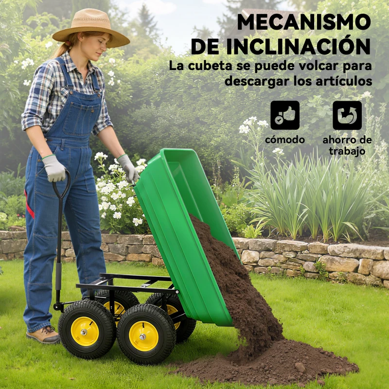 Outsunny Carro de Jardín Inclinable hasta 75° con Mango Ajustable y 4 Neumáticos Capacidad Max.75 L Acero 109x52x94 cm Verde