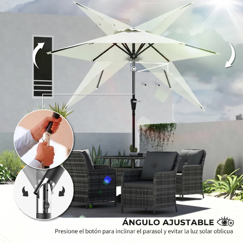 Outsunny Sombrilla de Jardín Ø230x216 cm con Apertura Manual Ángulo Ajustable e Impermeable para Terraza Piscina Crema