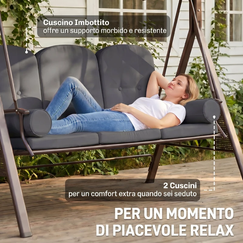 Outsunny Dondolo da Giardino 3 Posti con Tetto Regolabile, Portabicchieri e Cuscini, 208x120x172 cm, Grigio