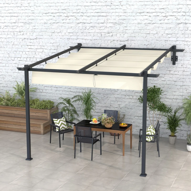 Outsunny Gartenpavillon 3 x 3m, einziehbares Dach, Wandmontage, Metallrahmen, Cremeweiß