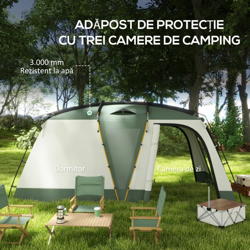 Outsunny Cort de Camping pentru 4 Persoane, Impermeabil, cu Zonă de Dormit și Zonă de Zi, din Poliester, 460x300x200 cm, Verde