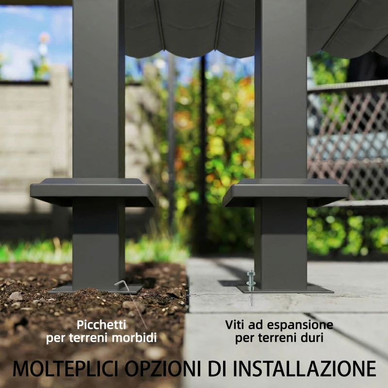 Outsunny Pergola Addossata 3x3 m con Tetto Retrattile Scorrevole UV30+ e Fori di Drenaggio, Grigio Scuro