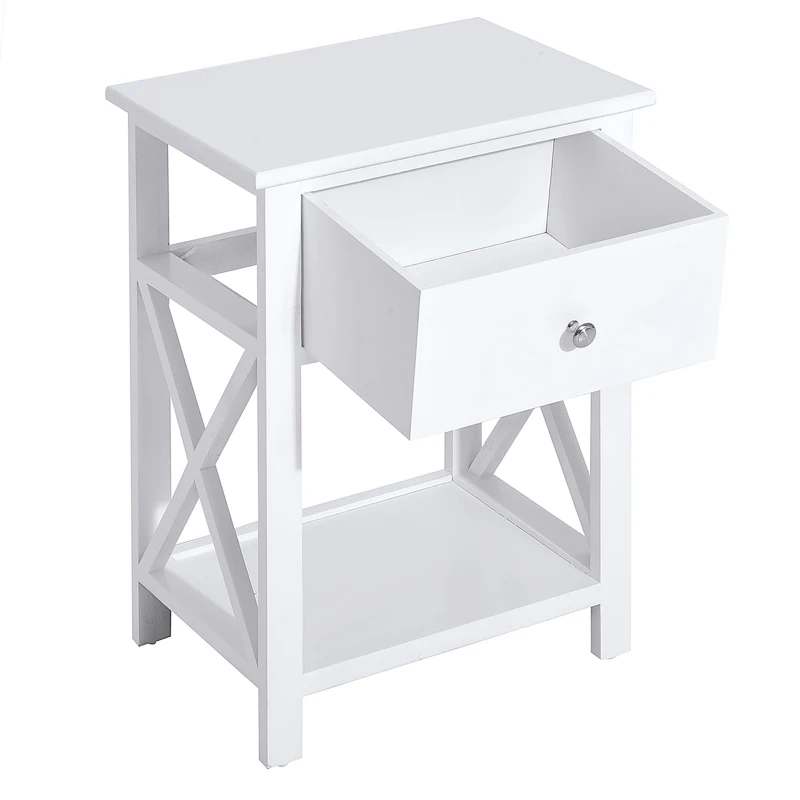 HOMCOM End Table, Sofa Side Table with Drawer X Bar Bottom Storage Shelf, Nightstand Bedside Table for Bedroom or Living Room White