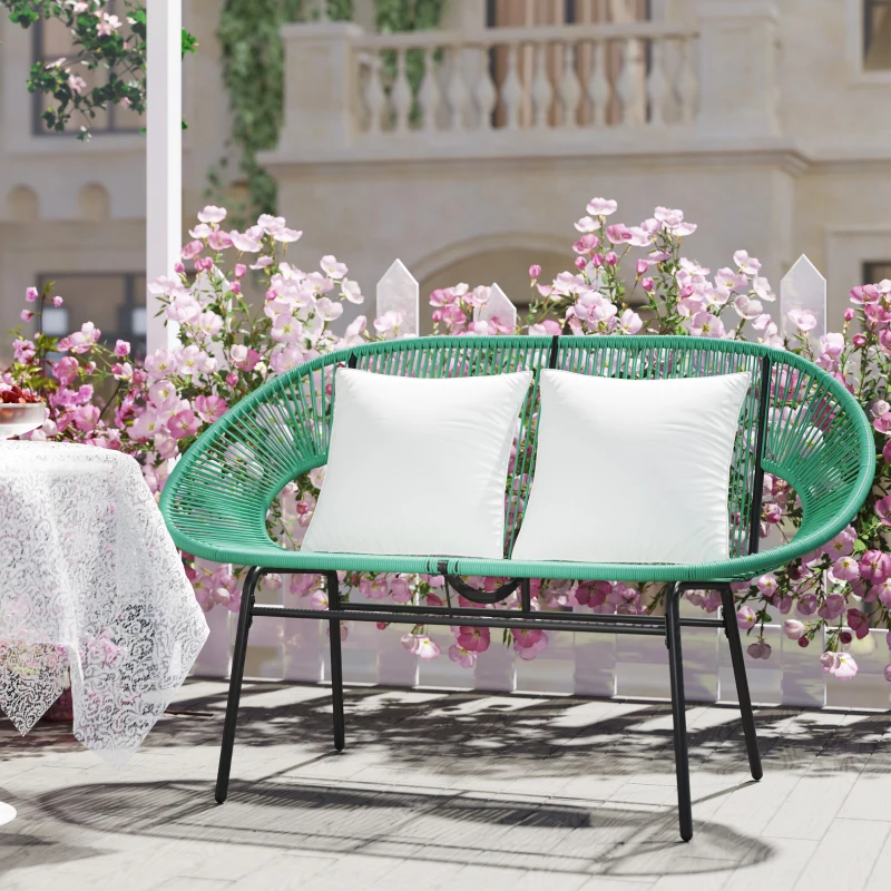 Outsunny Divano da Giardino 2 Posti in Rattan PE e Acciaio con Cuscini e Braccioli, 132x72x83 cm, Verde