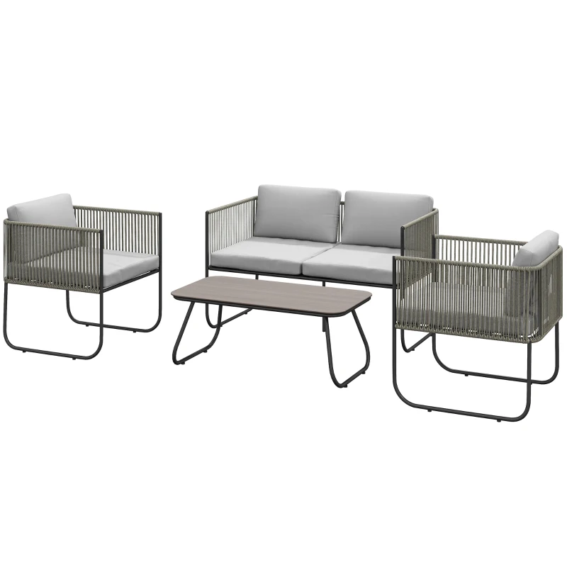 Outsunny Set da Giardino Rattan con Divanetto 2 Posti, 2 Poltrone e Tavolino in Vetro, Cuscini Sfoderabili, Grigio