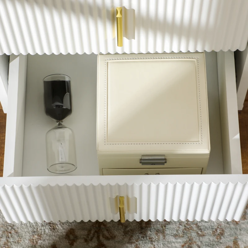 Set of 2 Elegant Fluted Bedside Table - White/Gold-Tone