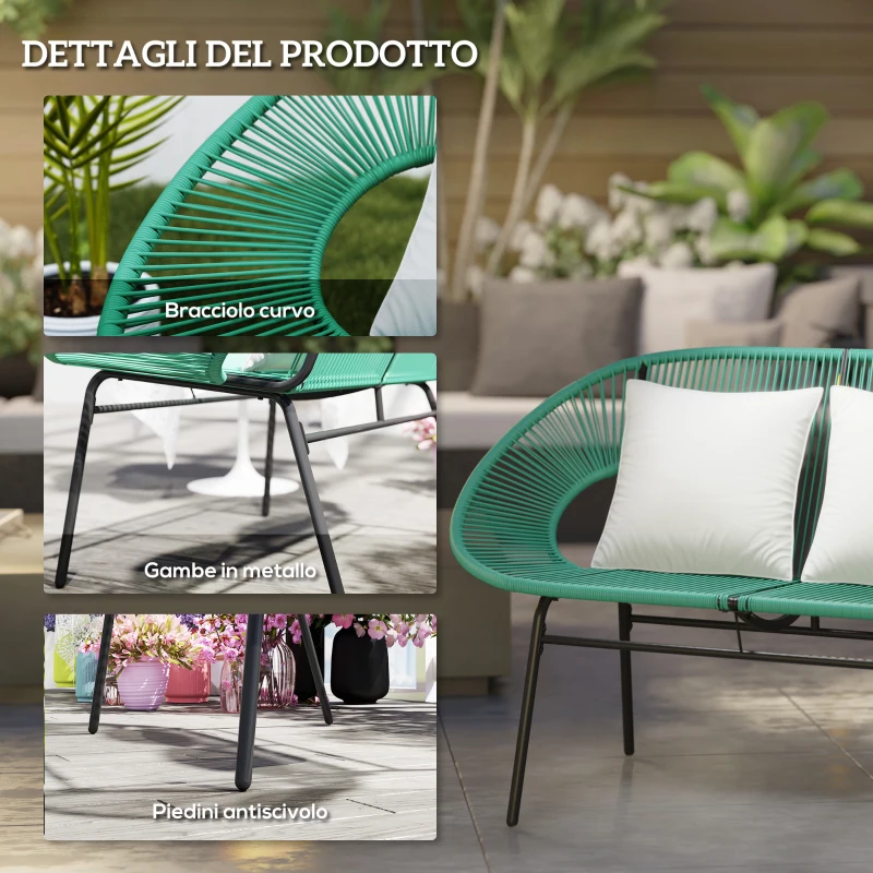 Outsunny Divano da Giardino 2 Posti in Rattan PE e Acciaio con Cuscini e Braccioli, 132x72x83 cm, Verde