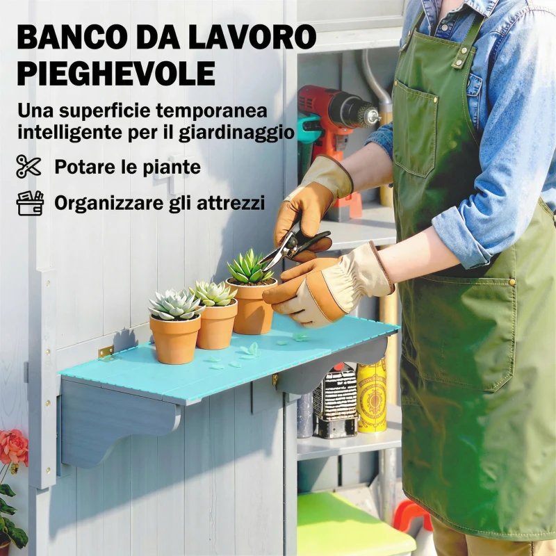 Outsunny Casetta Porta Attrezzi in Legno di Abete con 3 Ripiani e Banco da Lavoro Ribaltabile, 77x52.5x178 cm, Grigio