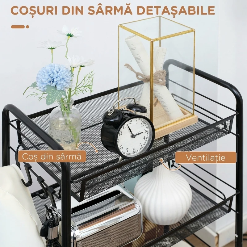 HOMCOM Carucior utilitar cu 4 niveluri, carucior de servire rulant cu cosuri de plasa detasabile, pentru sufragerie si bucatarie, spalatorie, garaj si baie, negru