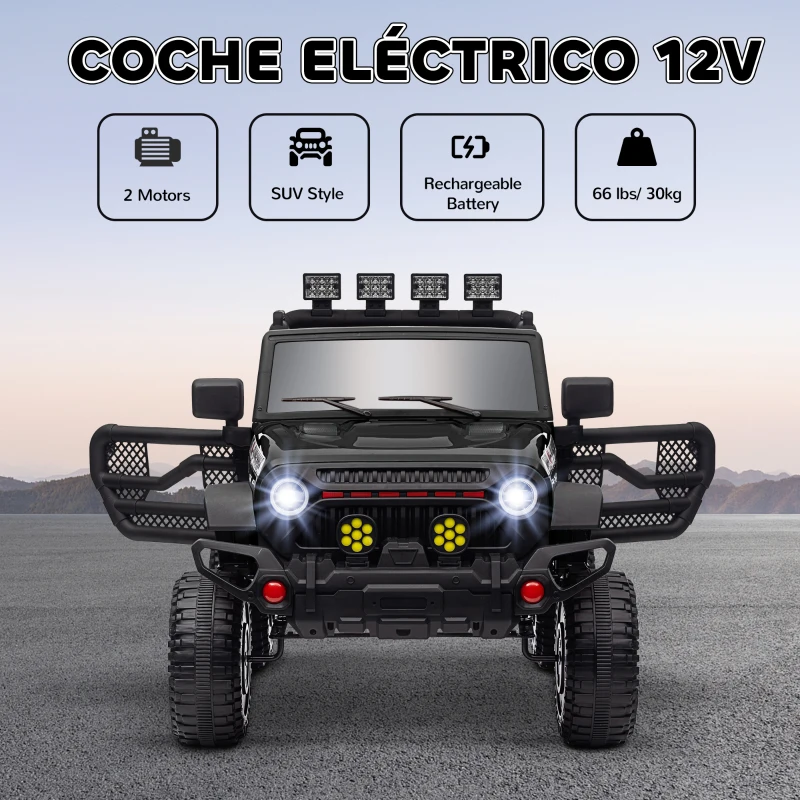 AIYAPLAY Coche Eléctrico para Niños de +3 Años con Batería 12V Mando a Distancia Faros LED Bocina Música Negro