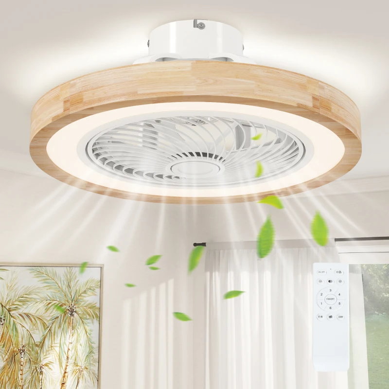 HOMCOM Ventilateur de plafond réversible avec lumière et télécommande 6 vitesses, minuterie, luminosité réglable, bois naturel