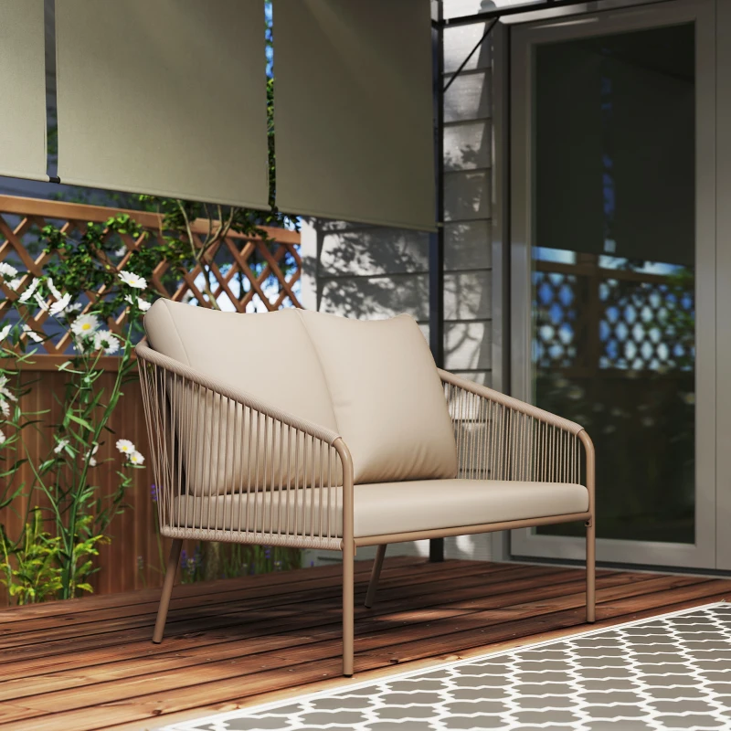 Outsunny Divano da Giardino 2 Posti Stile Boho in Rattan PE e Acciaio con Cuscini, 112x72x76, Beige