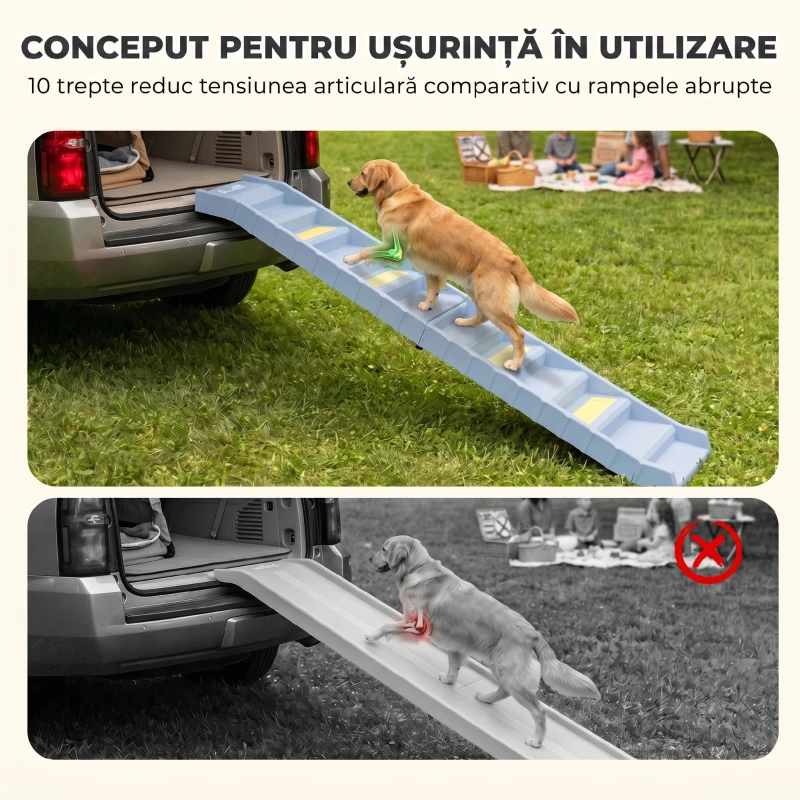 PawHut Scară Pliabilă pentru Câini, pentru Mașină și Paturi, 10 Trepte Antiderapante, Capacitate 68kg, Gri