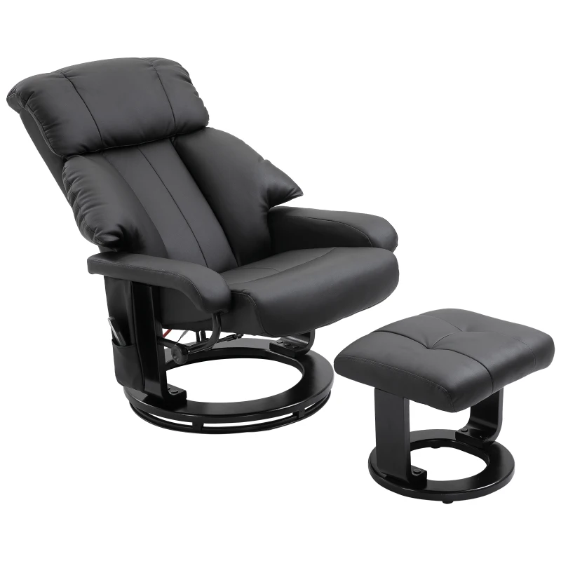 HOMCOM Poltrona Relax com Pufe Poltrona de TV Giratória com Função de Massagem Reclinável Poltrona de Massagem com Controle Remoto Bolso Lateral Poltrona de Couro Sintético para Sala de Estar Preto