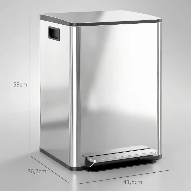 HOMCOM Bidone Immondizia a 2 Sezioni da 20L a Pedale con Coperchio Silenzioso, in Acciaio Inox e PP, 41.8x36.7x58 cm