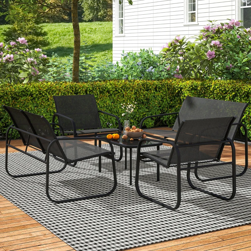 Outsunny Set da Giardino con 2 Divani 2 Posti, 2 Poltrone e un Tavolino da Caffè con Piano in Vetro, Nero