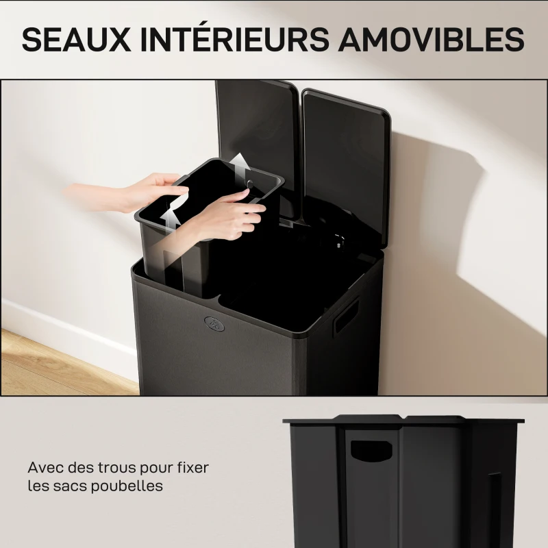 HOMCOM Poubelle de cuisine 2 compartiments de 2 x 28L, acier inoxydable, couvercle à fermeture douce, 45,8x36x67,6cm, noir