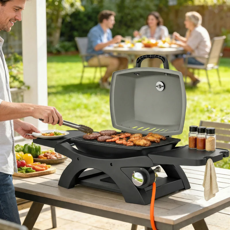Outsunny Gasgrill 3,3 KW Tischgrill mit 1 Brenner klappbar Seitentischen Gusseisen Grillroste herausnehmbar Fettauffangschale