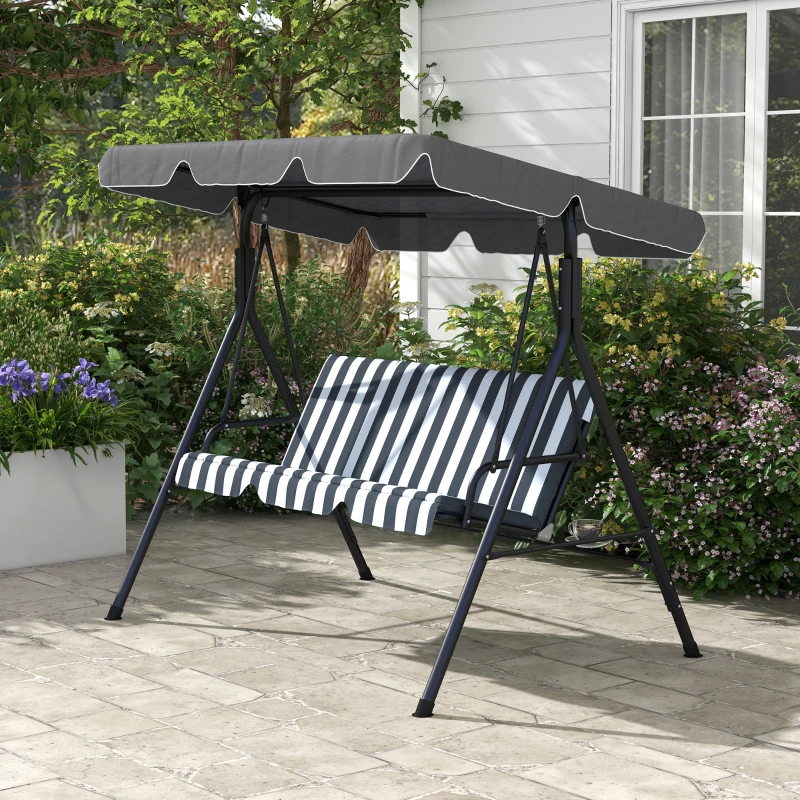 Outsunny Balancín de Jardín Exterior Columpio de 3 Plazas con Toldo Ajustable y Marco de Acero 172x110x153 cm Gris y Blanco