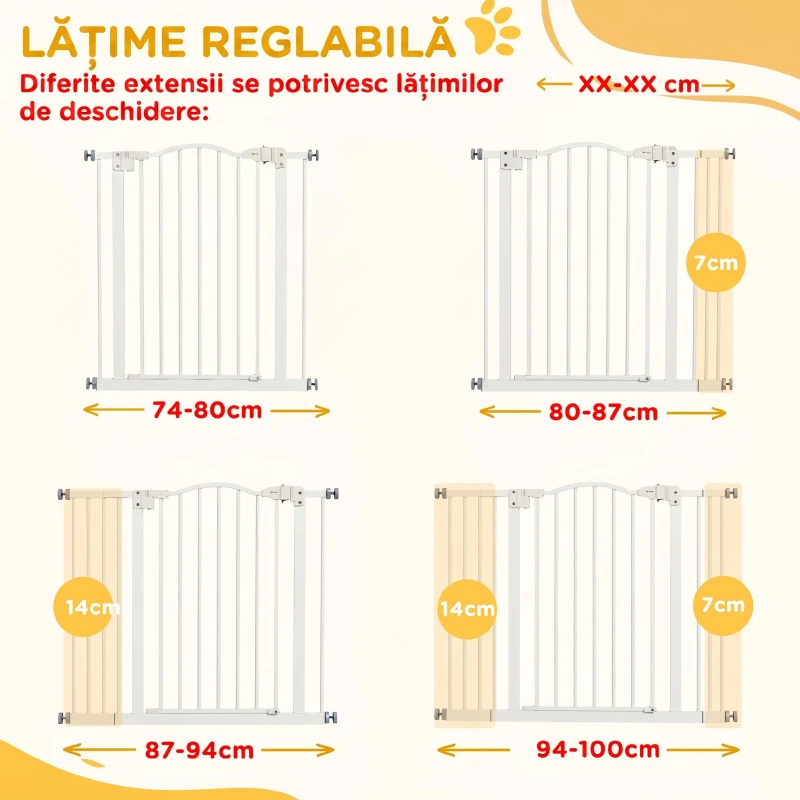 PawHut Poartă pentru câini extensibilă cu 4 șuruburi reglabile, din metal și plastic, 74-100x78 cm, alb