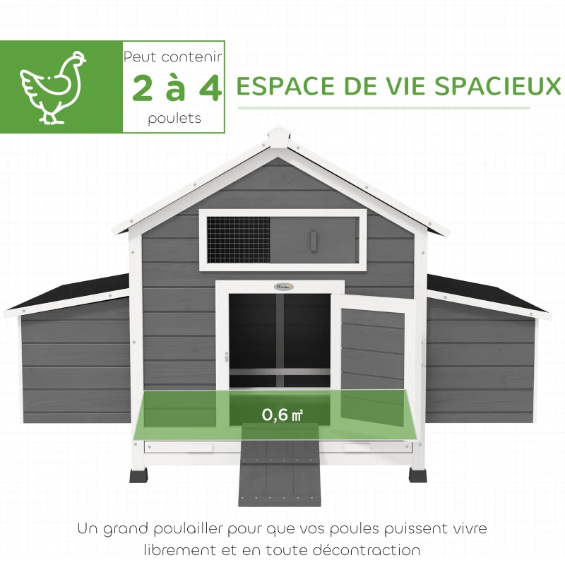 PawHut Poulailler en bois accueillant 4 poules, cage à poules avec pondoir, toit imperméable ouvrable, tiroir amovible, gris