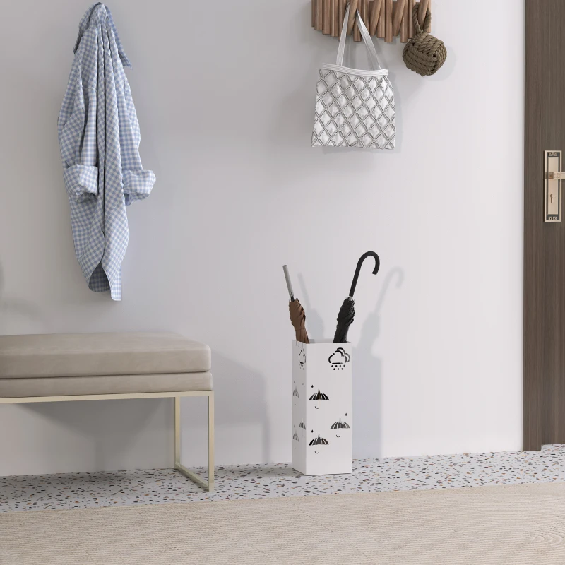 HOMCOM Paragüero de Acero con Bandeja Recoge Gotas Ganchos para Paraguas Plegables y Diseño Decorativo 15,5x15,5x41 cm Blanco