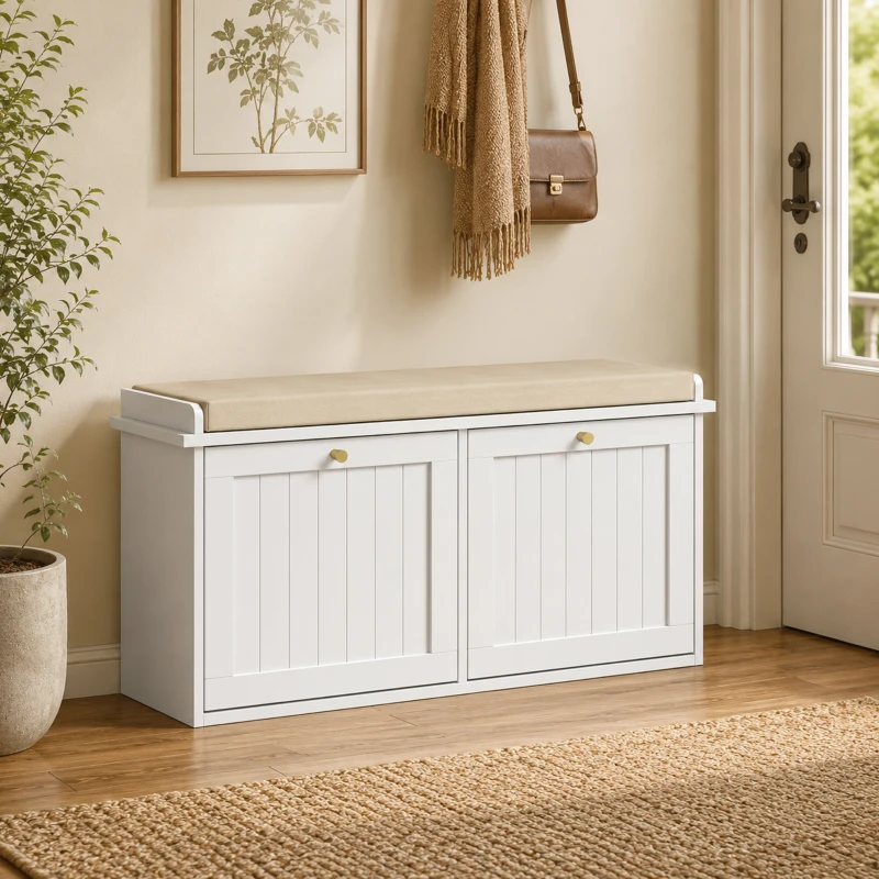 HOMCOM Panca Scarpiera con Cuscino Imbottito, 2 Cassetti Ribaltabili per 8-10 Paia di Scarpe, Bianco