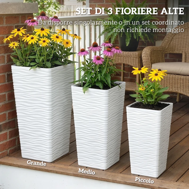 Outsunny Set 3 Vasi da Esterno Impilabili con Motivo Ondulato in Plastica, 42/55/65 cm, Bianco