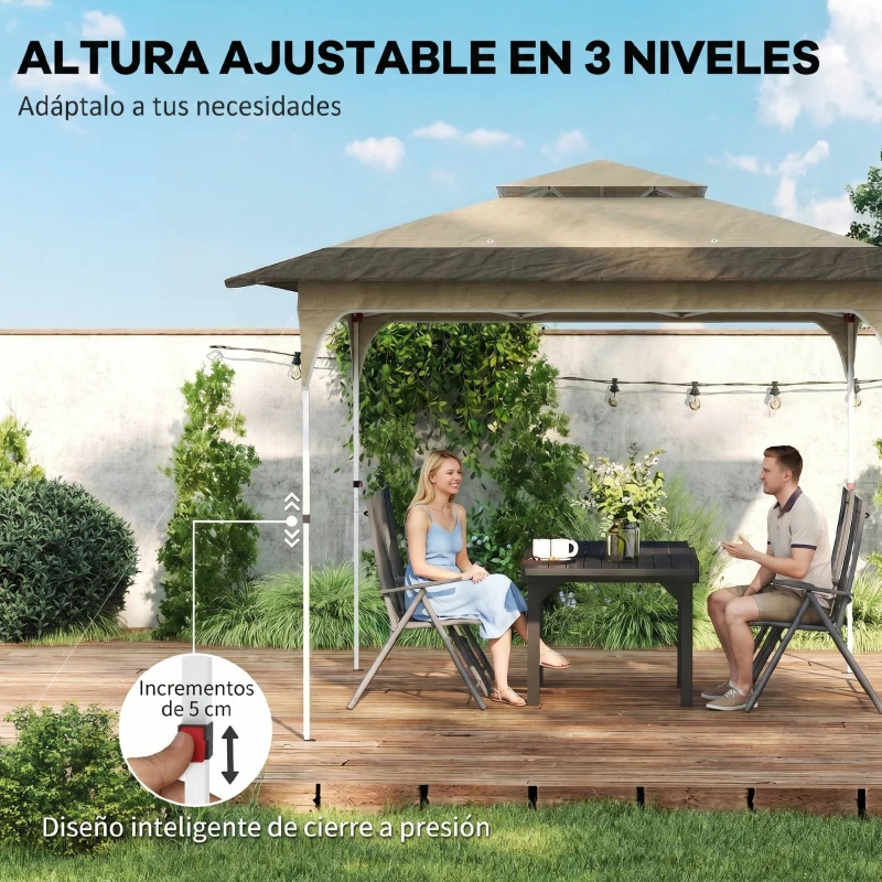 Outsunny Carpa Plegable 3,5x3,5 m Pop-up con Altura Ajustable 3 Niveles Doble Techo Cierre Central y Bolsa UPF50+ Caqui