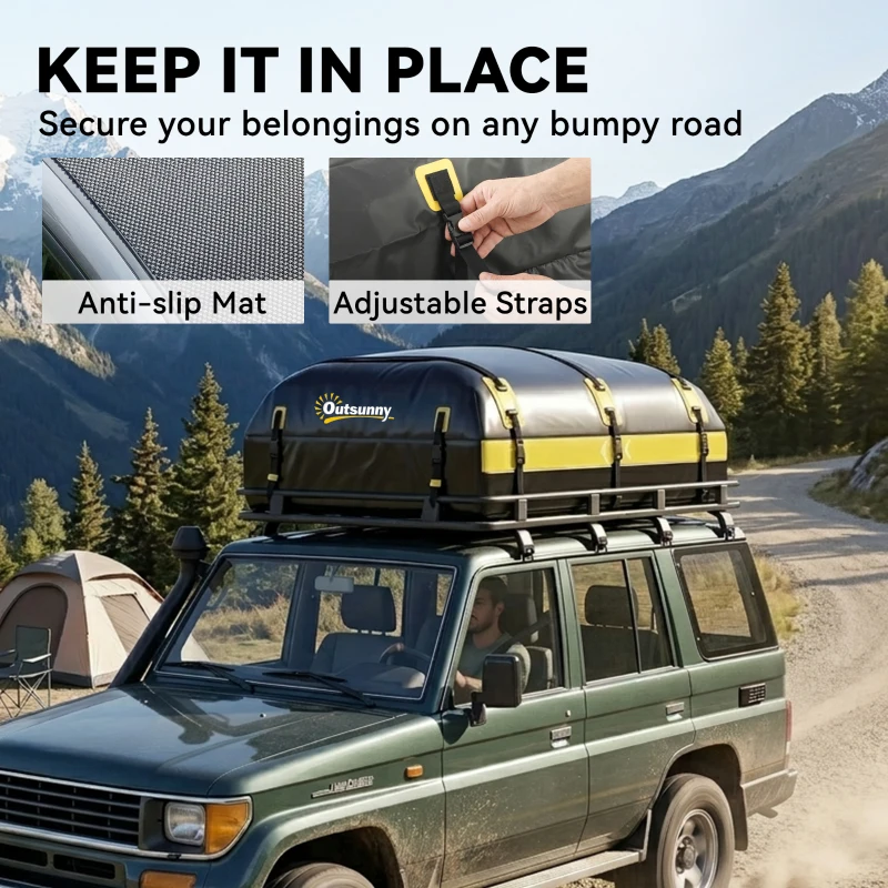 Outsunny Car Roof Bag, 21 Cubic Feet Waterproof Soft Car Roof Box Roofing Cargo Carrier w/ Reflective Arrows, Door Hooks, Yellow