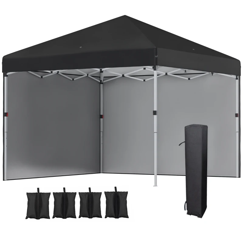 Outsunny Faltpavillon, 2 Seitenwände, höhenverstellbar, mit Transporttasche, rostfreies Stahlgestell, 3x3 m, Schwarz