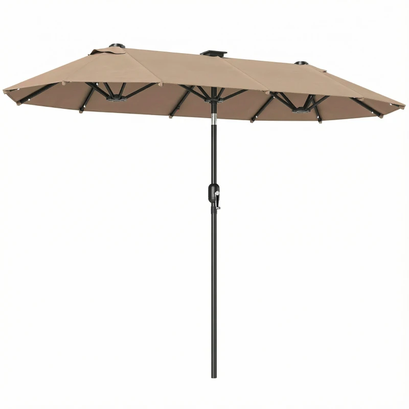 Outsunny Doppelsonnenschirm 292 x 150 cm, Sonnenschirm mit mit LED-Beleuchtung Handkurbel, Knickfunktion Khaki