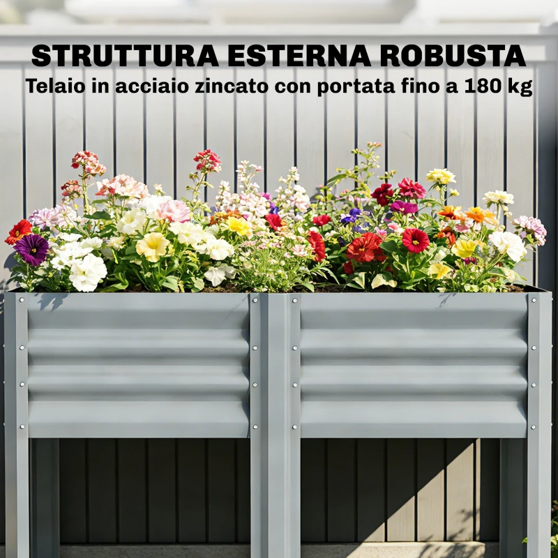 Outsunny Vaso Rialzato con Ripiano Portaoggetti, 150L, Acciaio Zincato, Altezza 80 cm, per Giardino o Patio Esterno