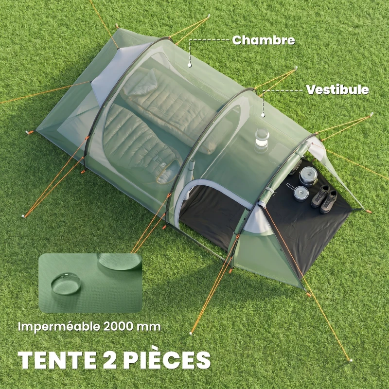 Outsunny Tente de camping familiale 2 personnes tente tunnel ventilée facile à monter chambre salon 3 portes fenêtres 4,26 x 2,06 x 1,54 m fibre verre polyester PE vert