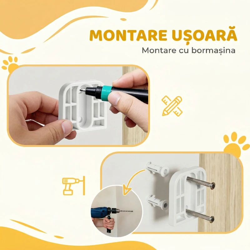PawHut Poartă Animale 74,5-111,5 cm, Închidere Automată, Operabilă cu Mână, Montaj pe Perete, Alb